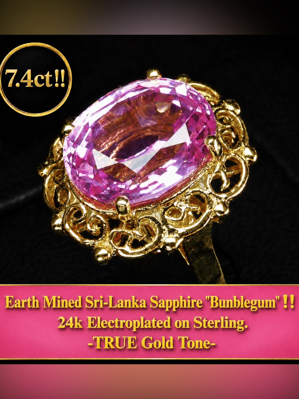 24K Pink Sapphire Ring yellow Gold Electroplated on 925 Silver. 7.4 Carats
